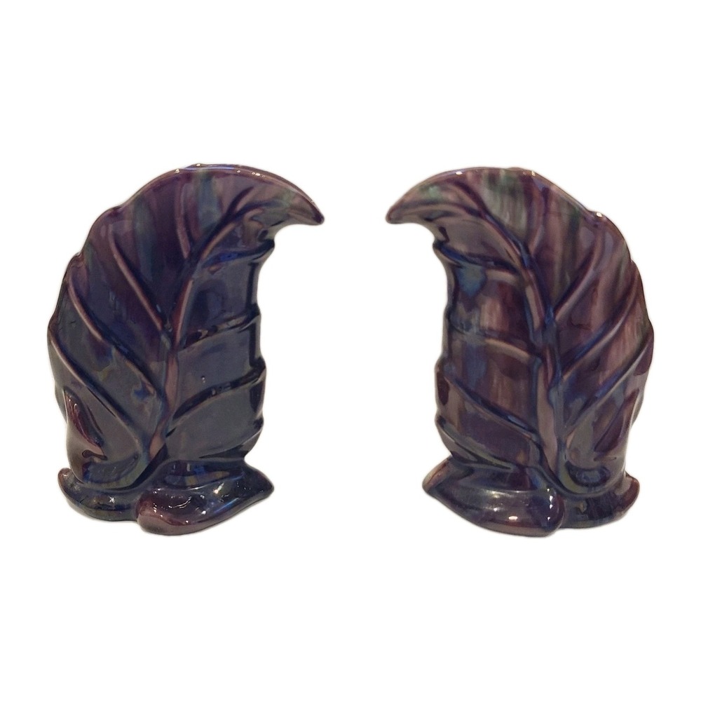 Pair of MCM Royal Haeger Brown Green Briar Agate Leaf‎ Pottery Vase 6" H
